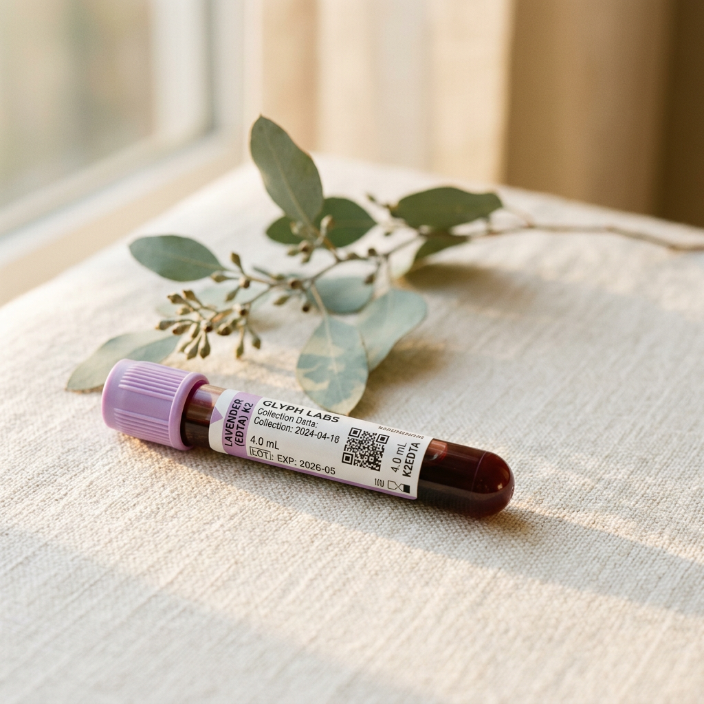 Glass blood vial with rose petals and lavender on cream linen