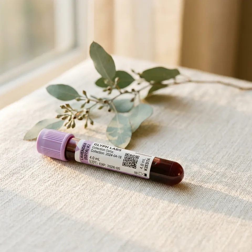 Glass blood vial with rose petals and lavender on cream linen