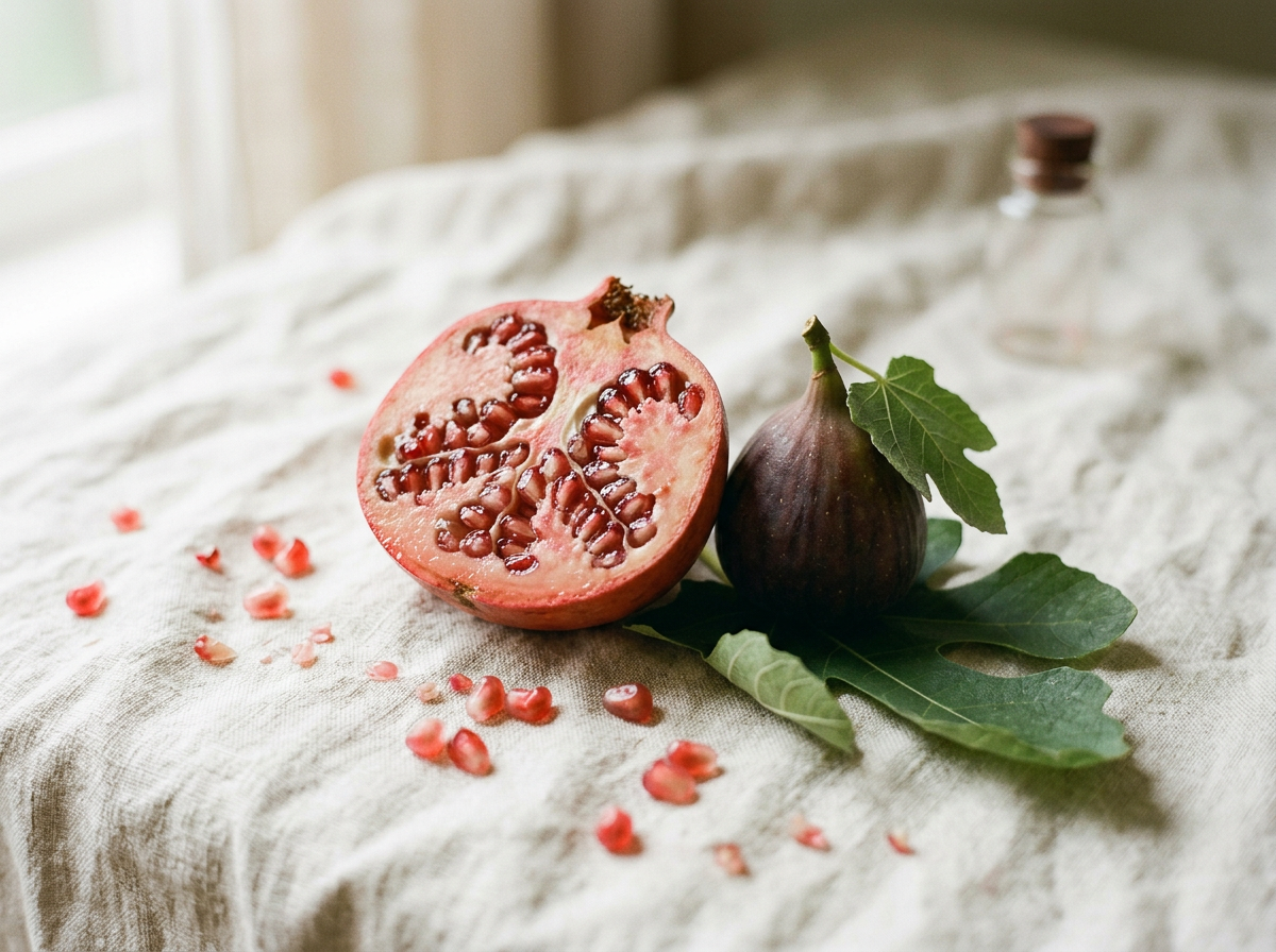 Blood vial with halved pomegranate and fig leaves on cream linen