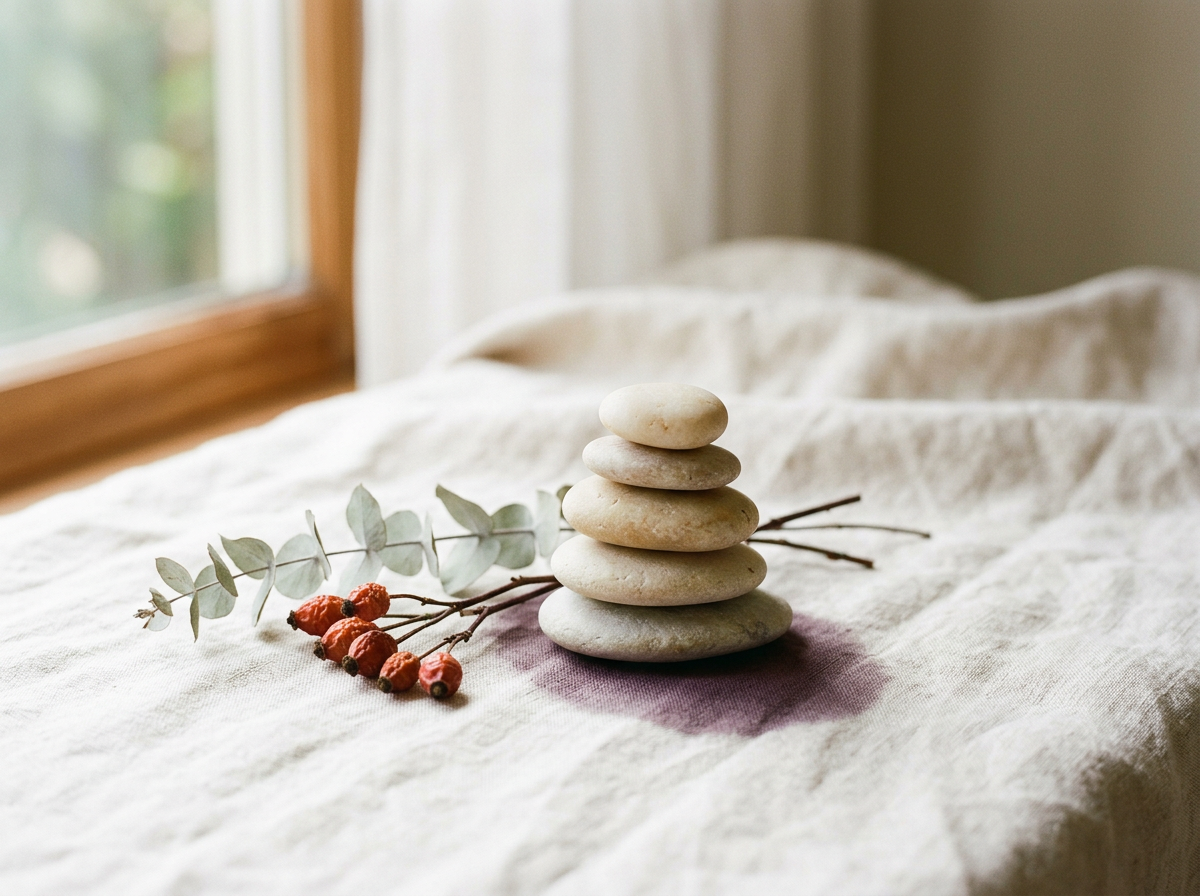 Stacked balancing stones with eucalyptus and dried rose hips on cream linen