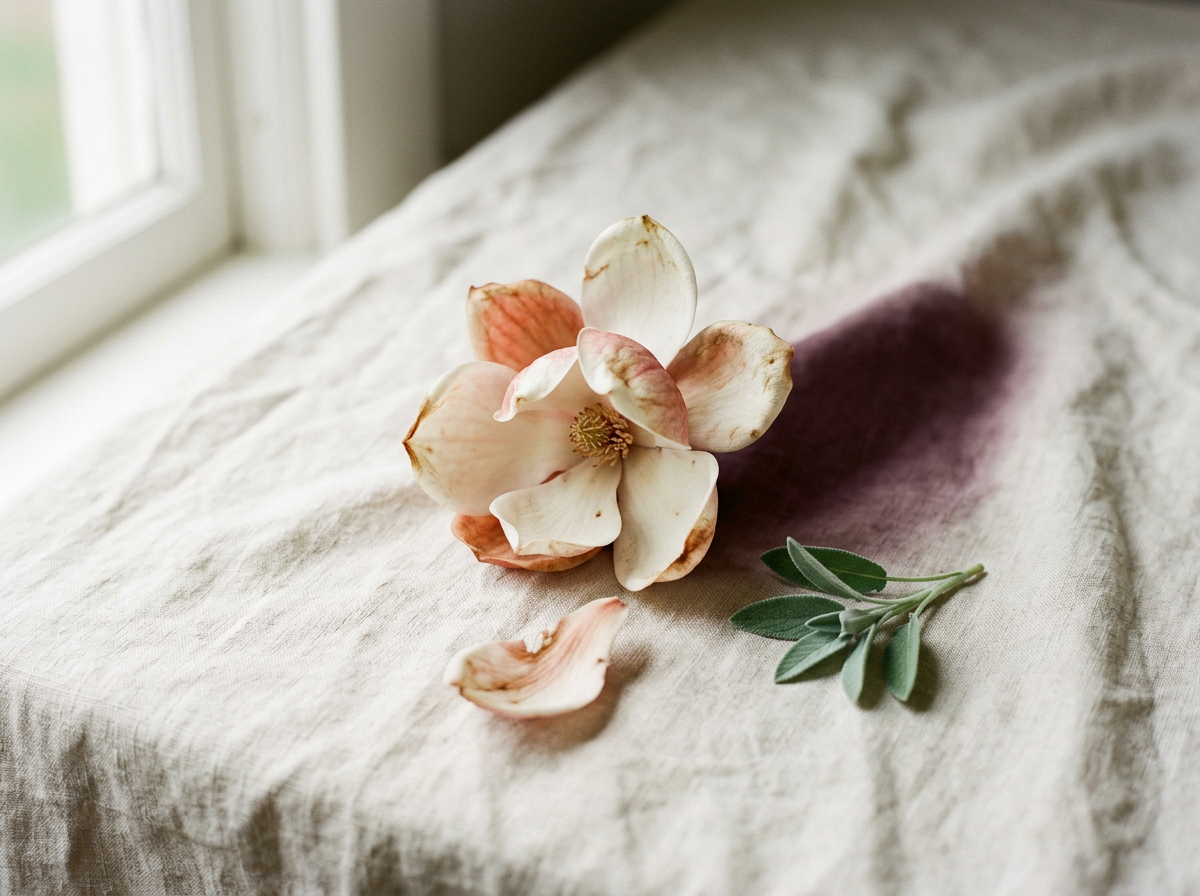Open magnolia bloom with a fallen petal and sage sprig on cream linen